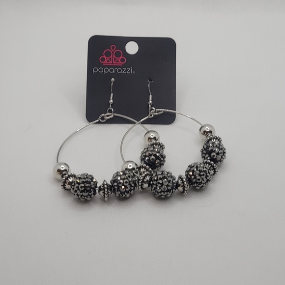 Silver Dangle Rhinestone Balls Hoop Earrings Paparazzi HGP301B - Picture 6 of 6